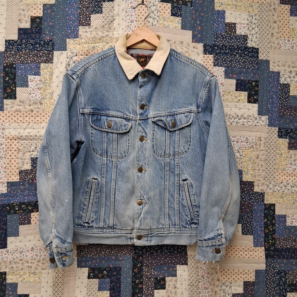 Vintage 70s Lee Flannel Lined Corduroy Collar Trucker Jacket Size Medium‎ Stone